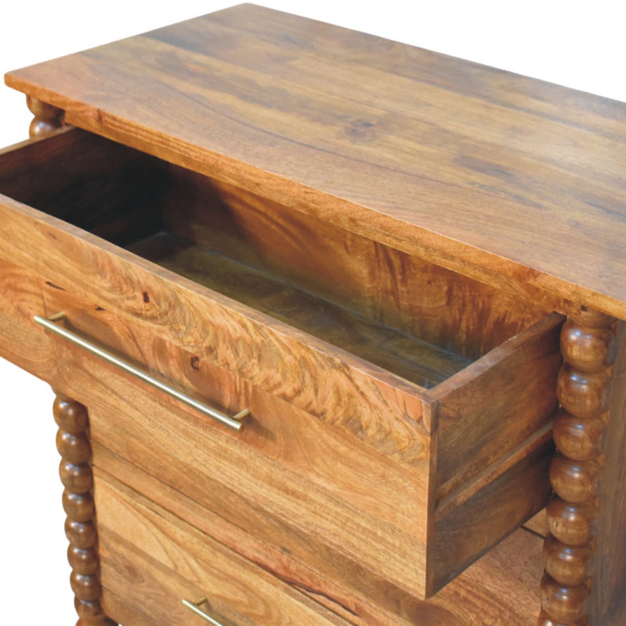 Arlen Spindle 3 Drawer Chest, Medium - Amber Oak Chest of Drawers - Bokel Home