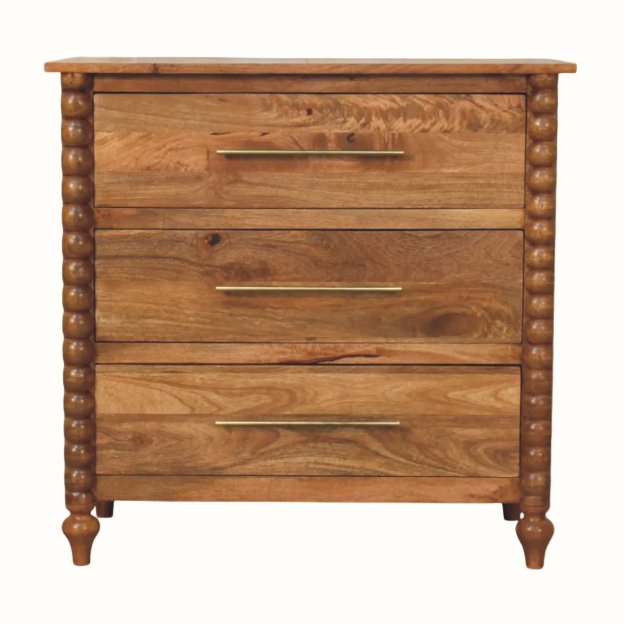 Arlen Spindle 3 Drawer Chest, Medium - Amber Oak Chest of Drawers - Bokel Home