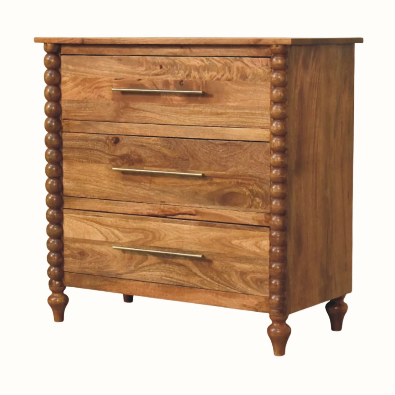 Arlen Spindle 3 Drawer Chest, Medium - Amber Oak Chest of Drawers - Bokel Home