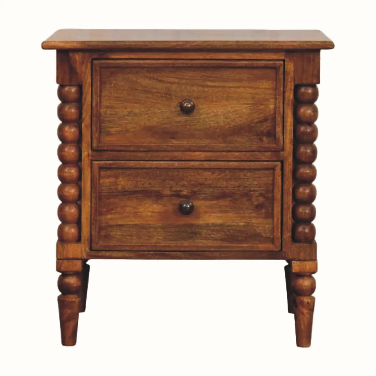 Arlen Spindle Bedside Table with 2 Drawers, Medium - Amber Oak Bedside Tables - Bokel Home