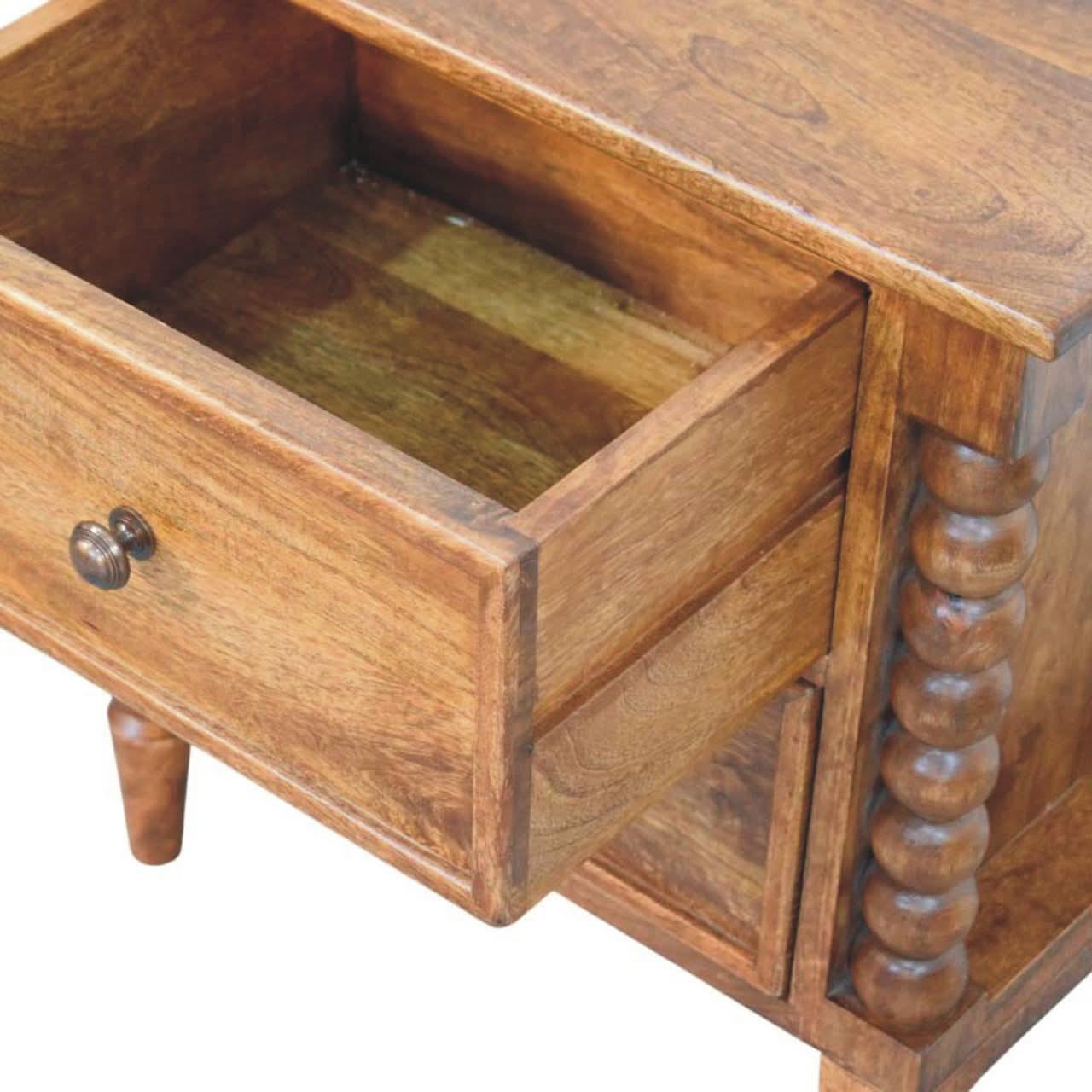 Arlen Spindle Bedside Table with 2 Drawers, Medium - Amber Oak Bedside Tables - Bokel Home