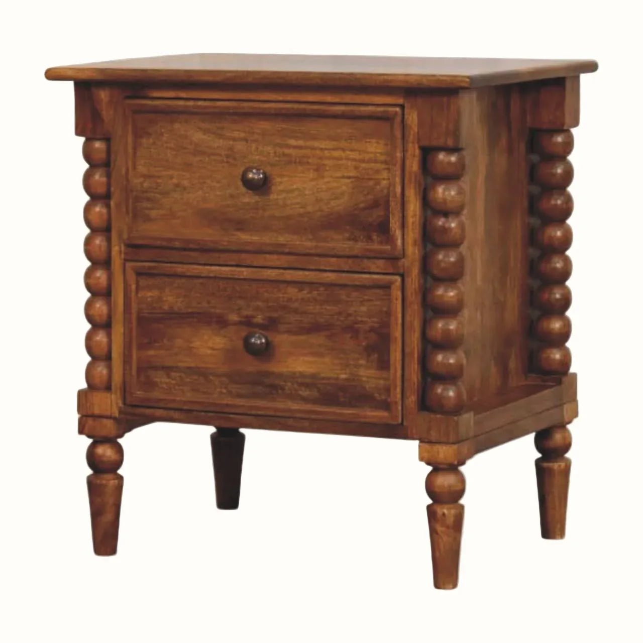 Arlen Spindle Bedside Table with 2 Drawers, Medium - Amber Oak Bedside Tables - Bokel Home