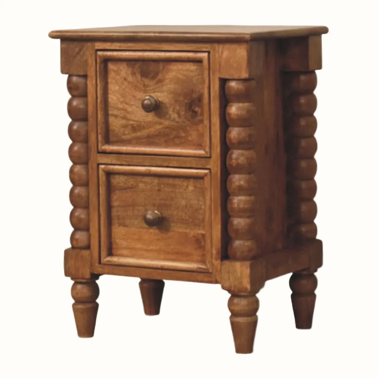 Arlen Spindle Bedside Table with 2 Drawers, Small - Amber Oak Bedside Tables - Bokel Home