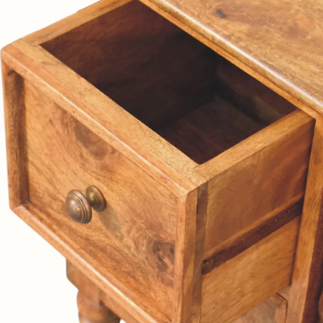 Arlen Spindle Bedside Table with 2 Drawers, Small - Amber Oak Bedside Tables - Bokel Home