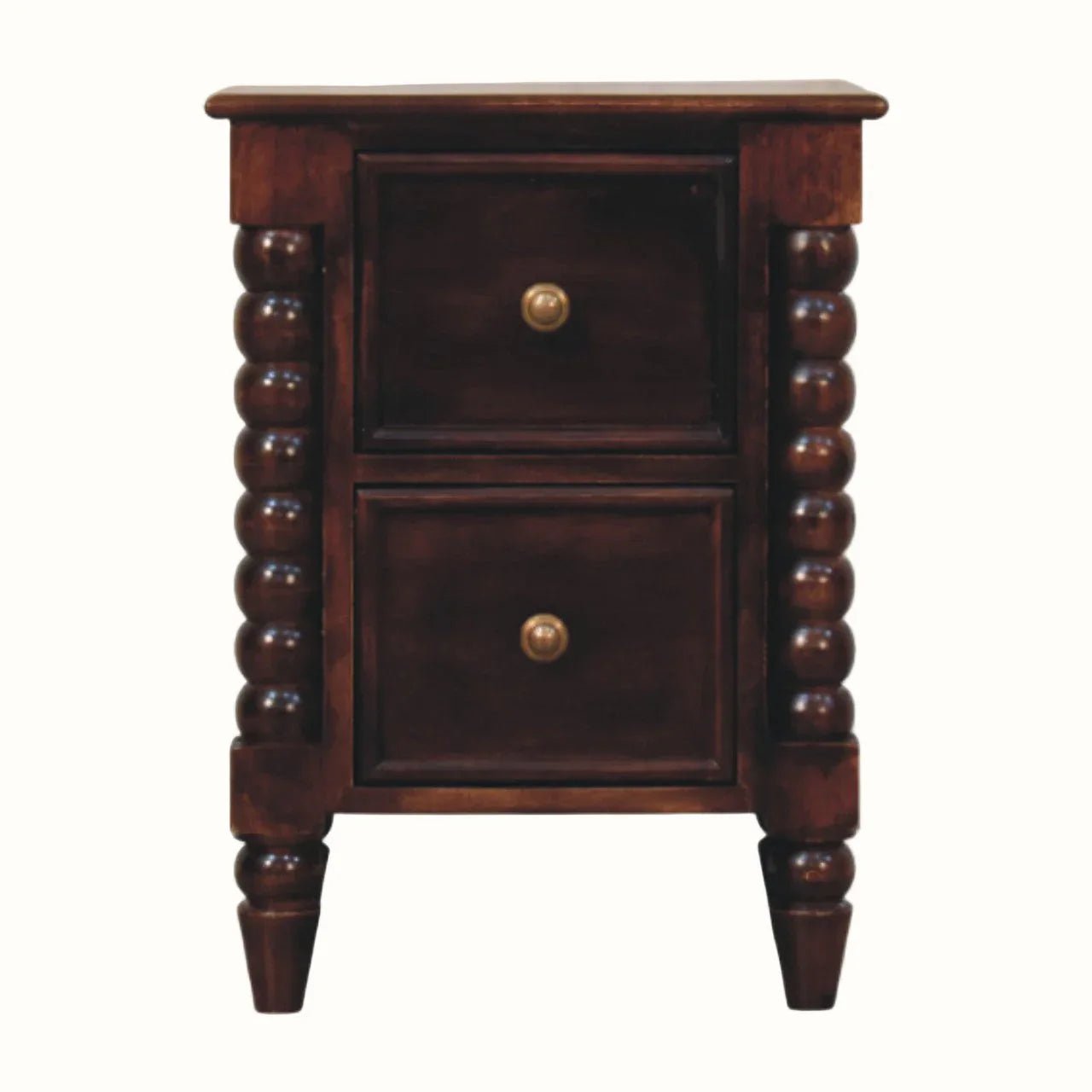 Arlen Spindle Bedside Table with 2 Drawers, Small - Winewood Oak Bedside Tables - Bokel Home