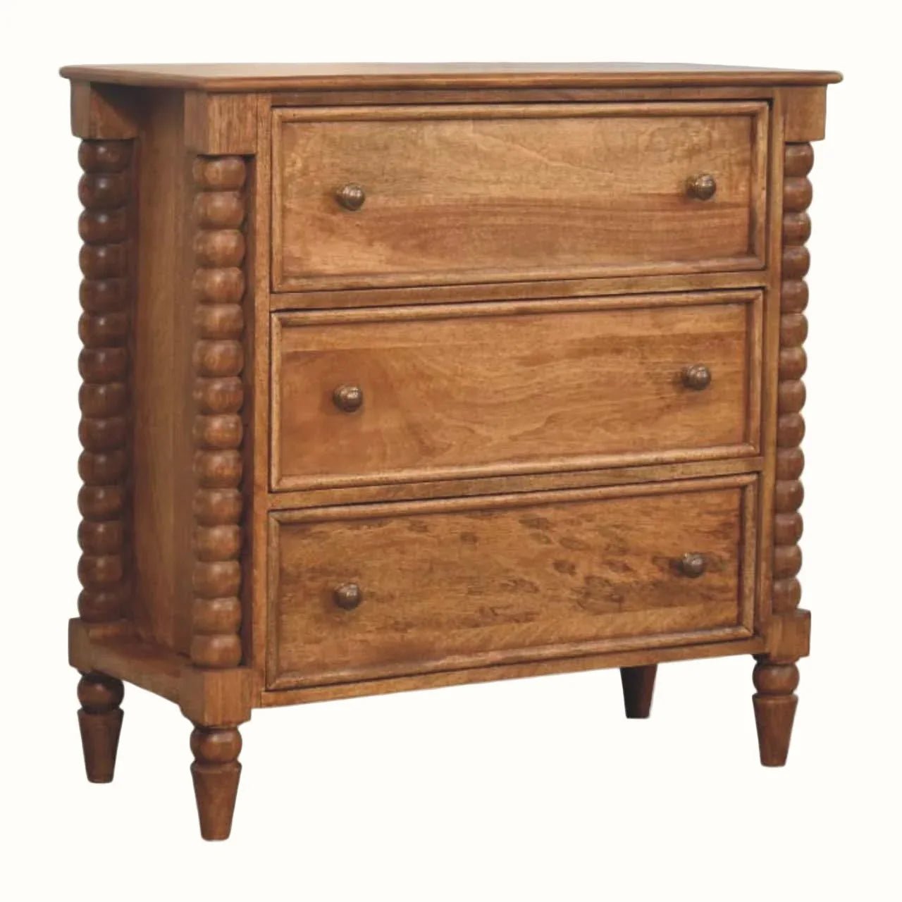 Arlen Spindle Chest of 3 Drawers - Amber Oak Chest of Drawers - Bokel Home