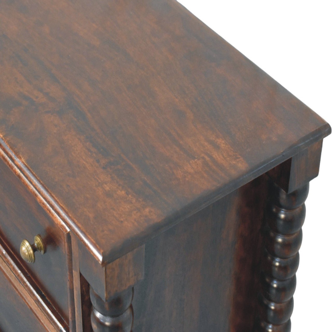 Arlen Spindle Chest of 3 Drawers - Winewood Oak Chest of Drawers - Bokel Home