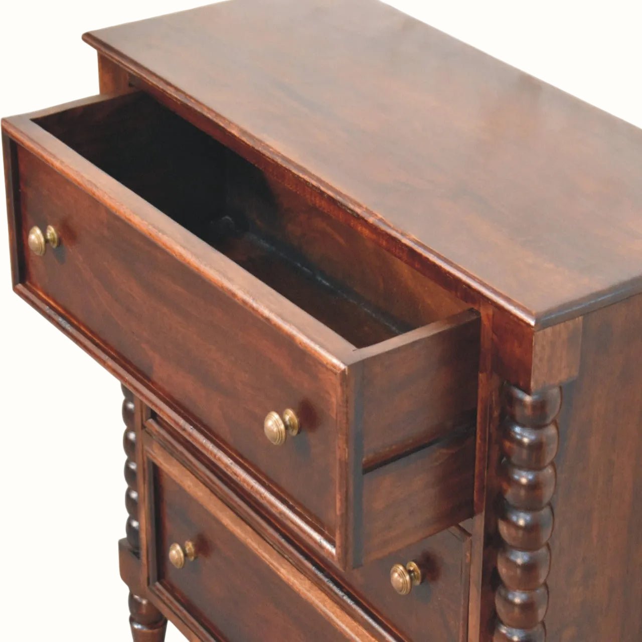 Arlen Spindle Chest of 3 Drawers - Winewood Oak Chest of Drawers - Bokel Home