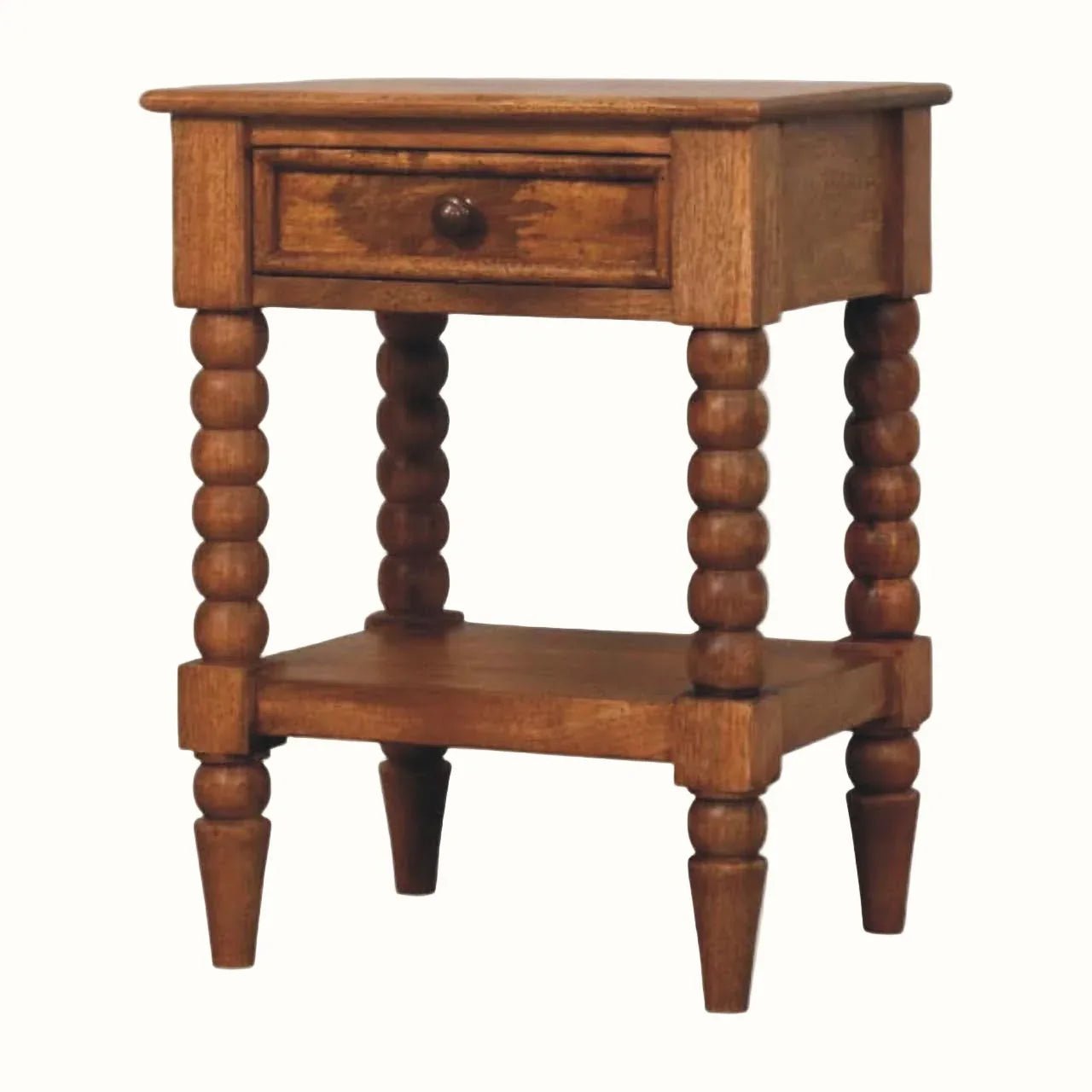 Arlen Spindle Open Bedside Table 1 Drawer, Medium - Amber Oak Bedside Tables - Bokel Home