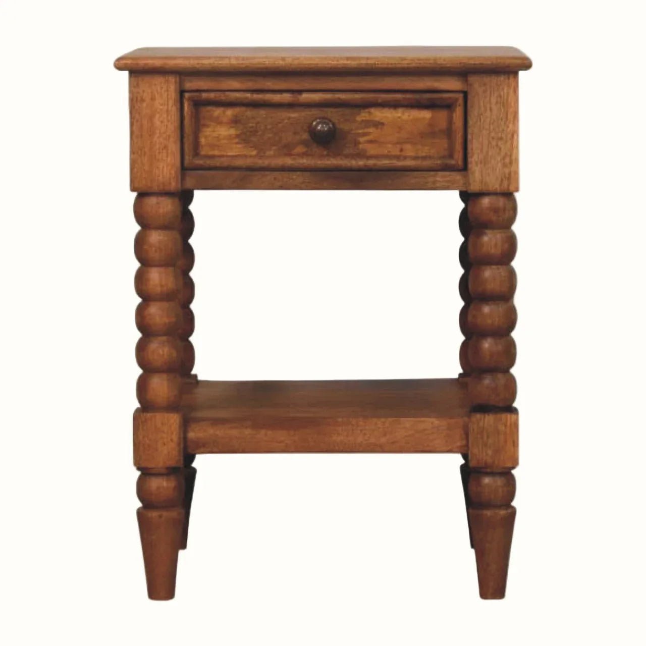 Arlen Spindle Open Bedside Table 1 Drawer, Medium - Amber Oak Bedside Tables - Bokel Home
