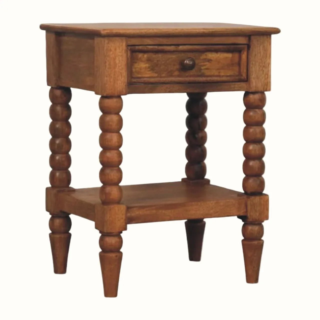 Arlen Spindle Open Bedside Table 1 Drawer, Medium - Amber Oak Bedside Tables - Bokel Home