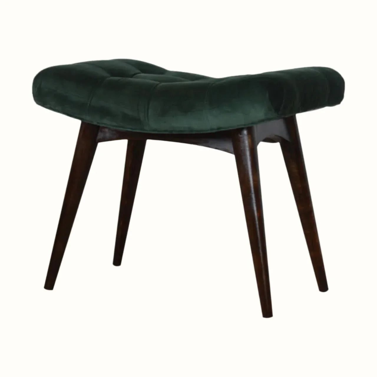 Bethell Curved Stool, Medium - Green Velvet/Walnut Bench - Bokel Home