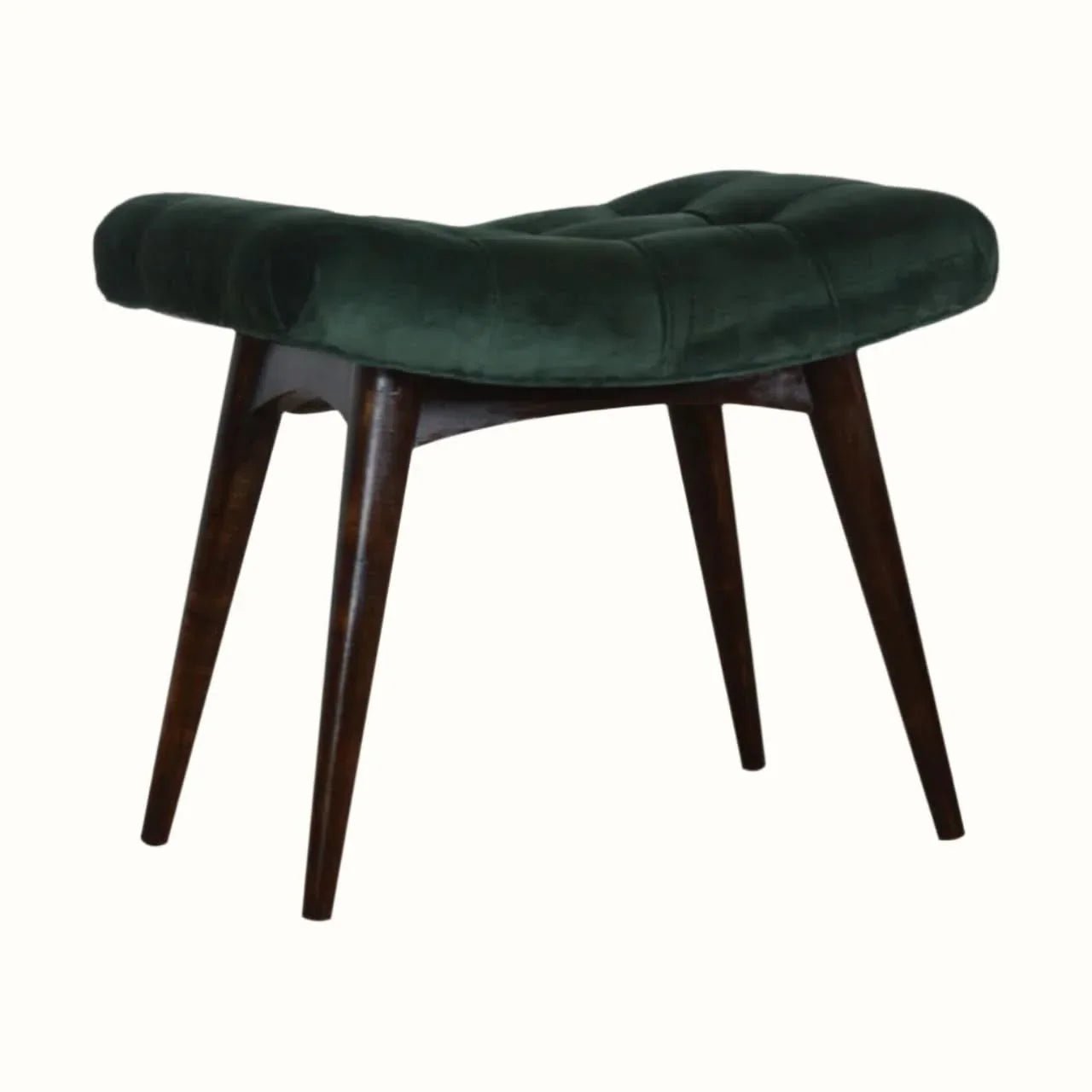 Bethell Curved Stool, Medium - Green Velvet/Walnut Bench - Bokel Home