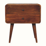 A chestnut-finished Hamade bedside table with two drawers and four Nordic-style legs.