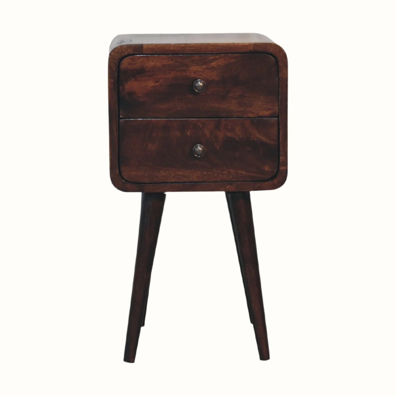 A small bedside table with four legs, made of mango wood in a light walnut finish, featuring two drawers with brass knobs.