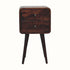A small bedside table with four legs, made of mango wood in a light walnut finish, featuring two drawers with brass knobs.
