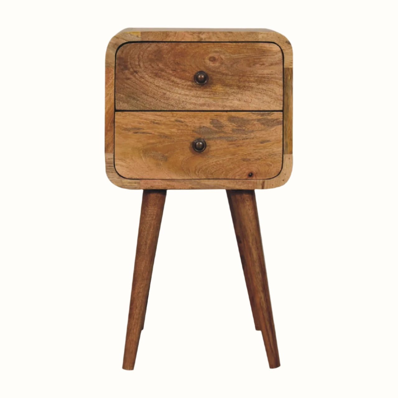 A small natural wood bedside table with two drawers and four Nordic-style legs.