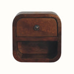 A brown, wall-mounted bedside table with a single drawer and an open shelf beneath it.