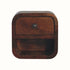 A brown, wall-mounted bedside table with a single drawer and an open shelf beneath it.