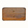A wall-mounted chestnut bedside table with two drawers and brass hardware.