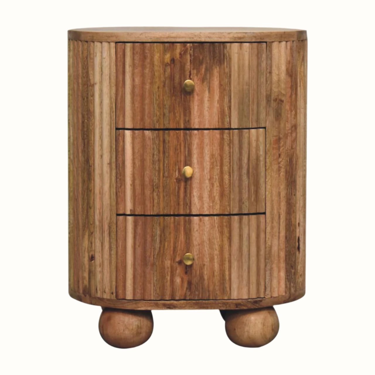 A natural finish mango wood bedside table with three drawers and chunky ball feet.