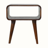 Open bedside table, in dark brown wooden finish, with tapered legs