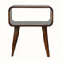 Open bedside table, in dark brown wooden finish, with tapered legs