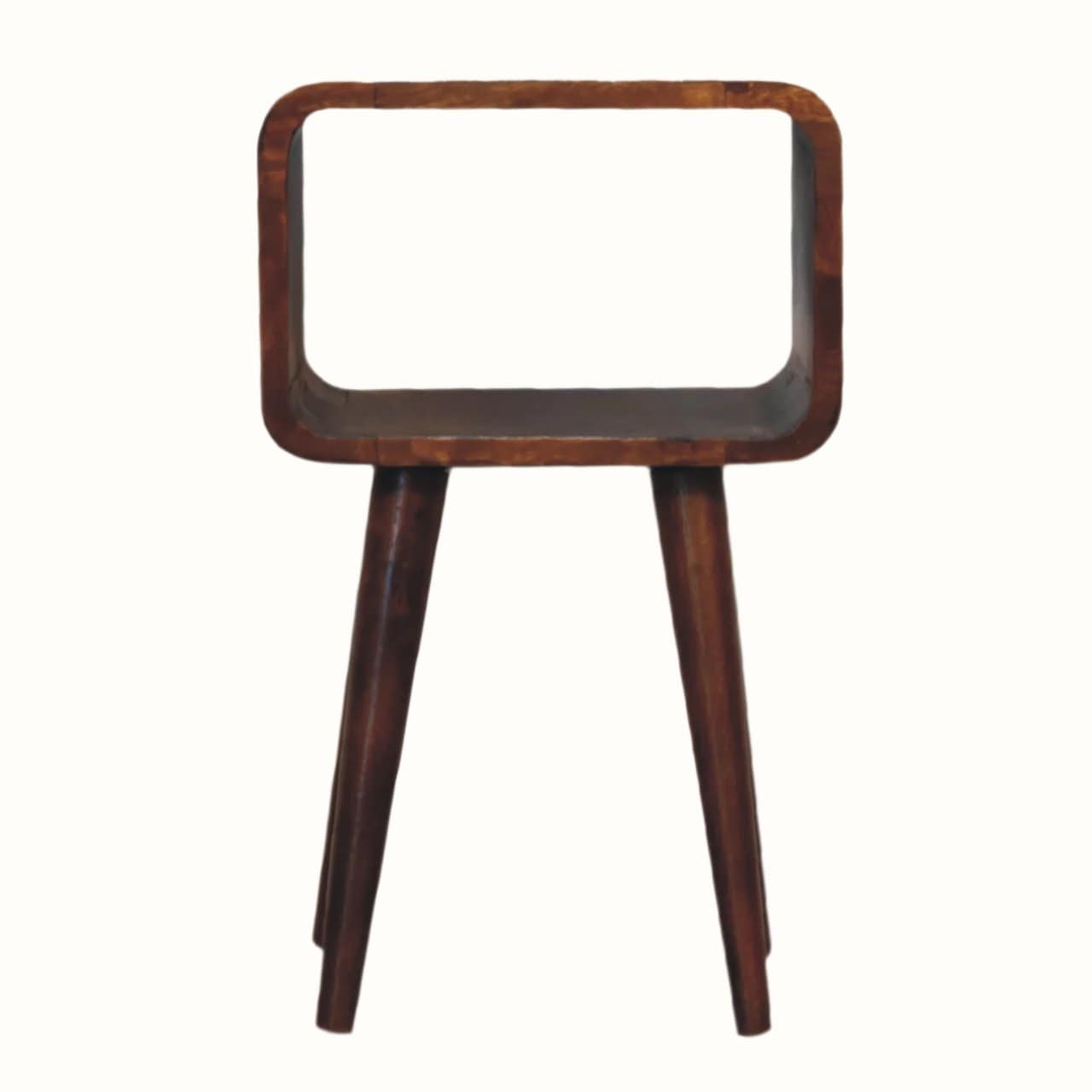 A small chestnut-colored Hamade bedside table with four Nordic-style legs and an open slot compartment.