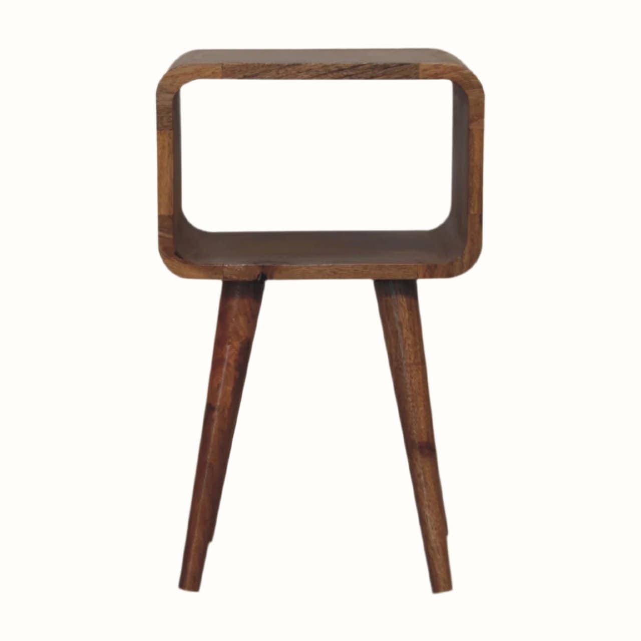 A small natural finish Hamade bedside table with four legs, an open slot compartment, and no visible storage shelves.