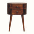 A small curved bedside table with a chestnut finish, featuring two drawers and four tapered legs, placed against a white background.