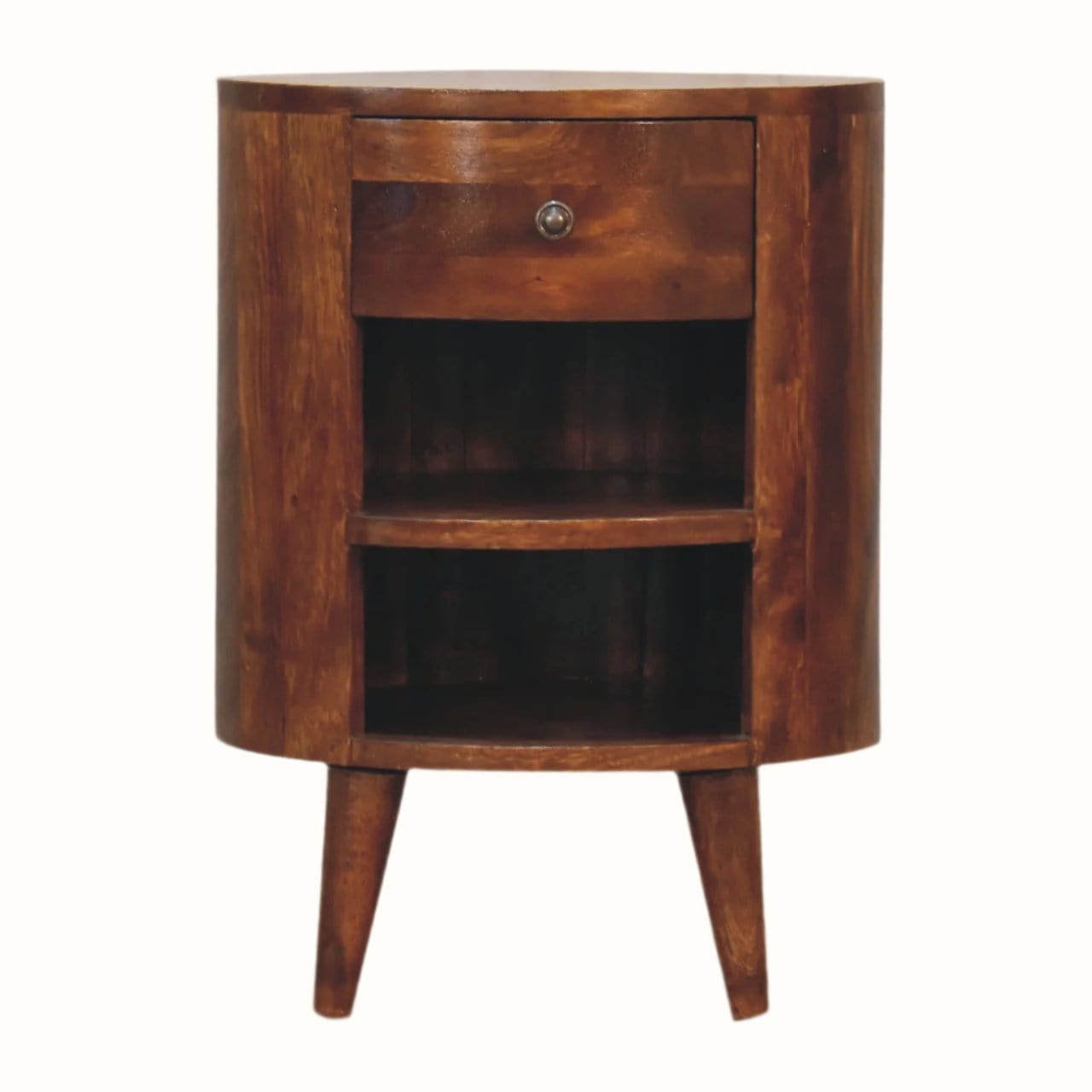 A chestnut-colored Molina open bedside table with two open slot shelves and one drawer, featuring a single brass knob on the drawer, perched on four tapered legs.
