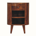 A chestnut-colored Molina open bedside table with two open slot shelves and one drawer, featuring a single brass knob on the drawer, perched on four tapered legs.