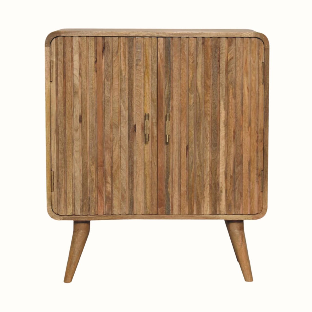 A natural finish wooden Stella Cabinet with two doors and brass t bar handles.