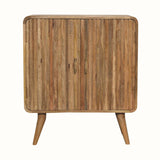 A natural finish wooden Stella Cabinet with two doors and brass t bar handles.