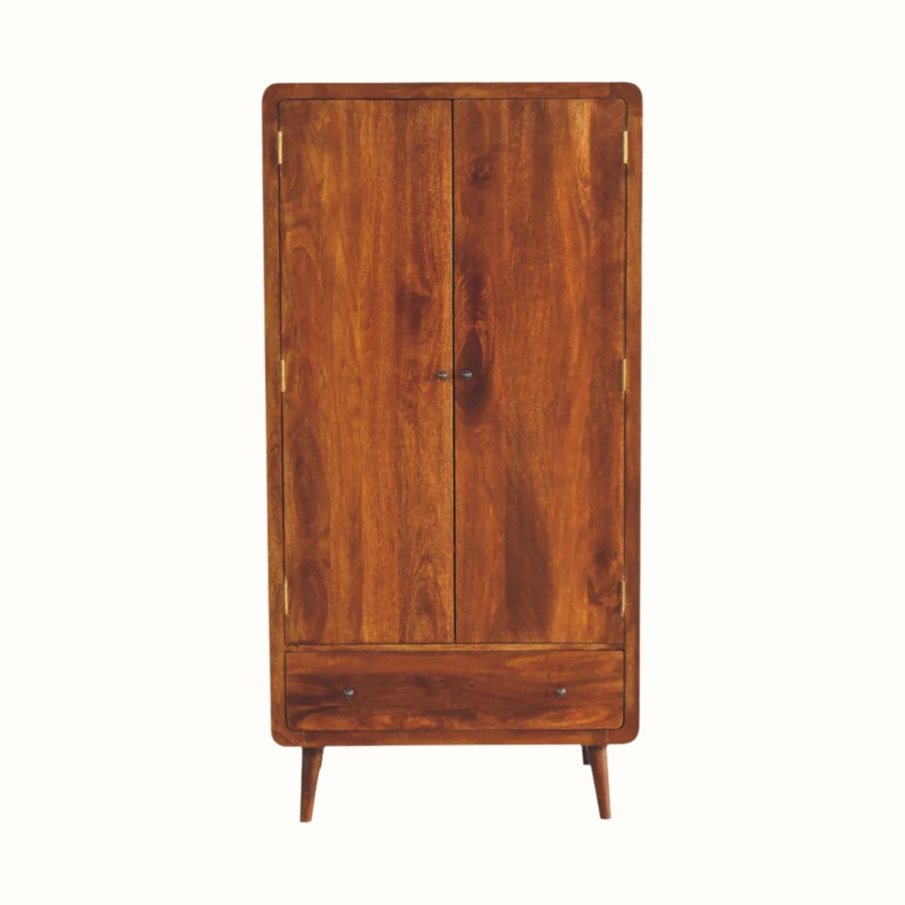 Dark wood curved rectangle wardrobe, with cupboard and drawer space, and short tapered-style legs.