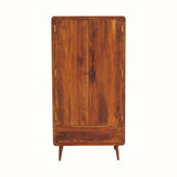 Dark wood curved rectangle wardrobe, with cupboard and drawer space, and short tapered-style legs.