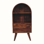 An arched open storage cabinet with four tapered legs, two shelves, and two drawers with brass knobs, finished in a warm chestnut color.