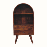An arched open storage cabinet with four tapered legs, two shelves, and two drawers with brass knobs, finished in a warm chestnut color.