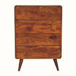Curved chest of 5 drawers, made from mango wood in dark brown finish.