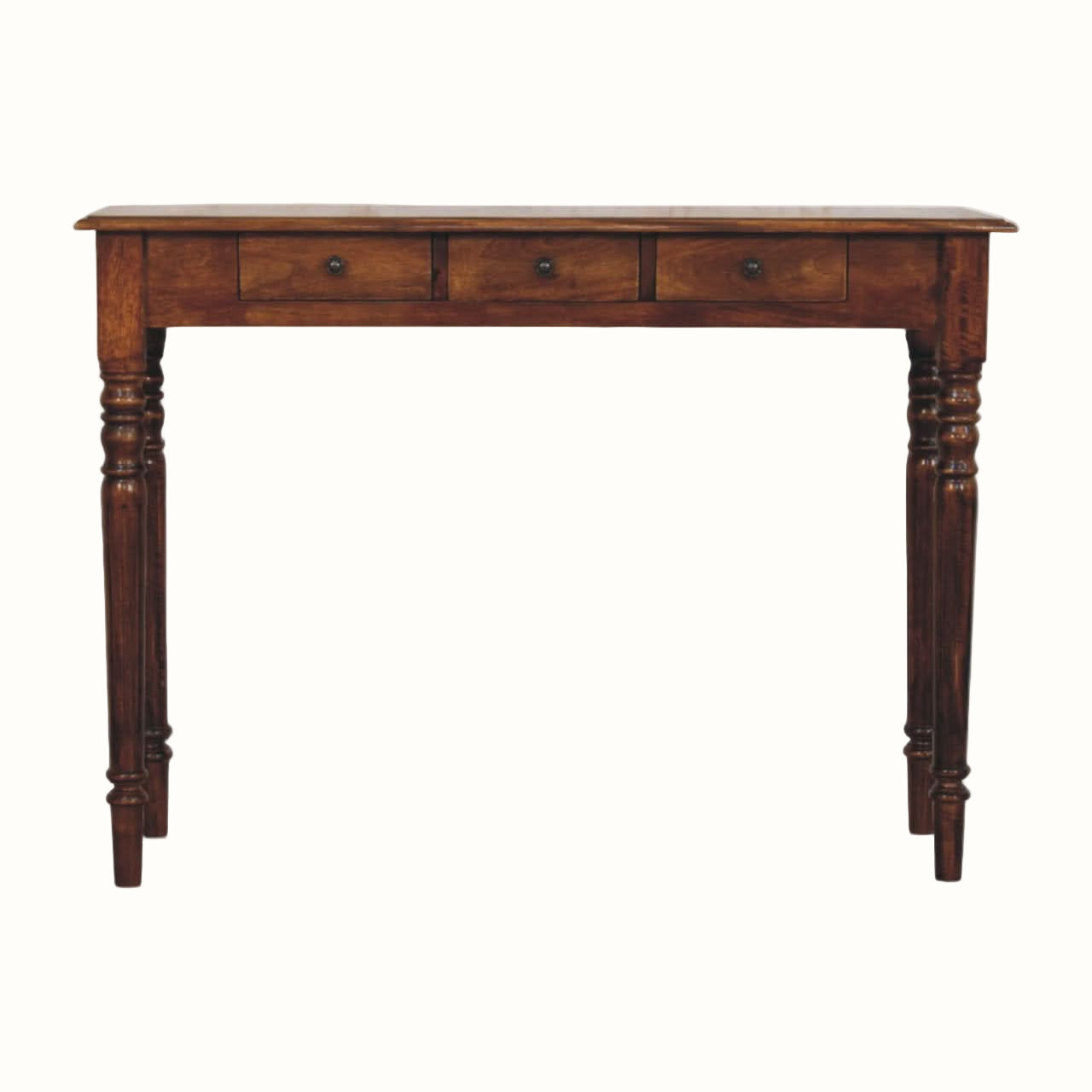 Wooden console table with three drawers on a white background