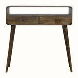 A grey-wash Hamade Console Table with brass knobs and long tapered legs, featuring an open slot shelf, two drawers, and a spacious tabletop.