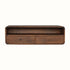 A wall-mounted console table with a chestnut finish, featuring two drawers with brass knobs and an open slot shelf.