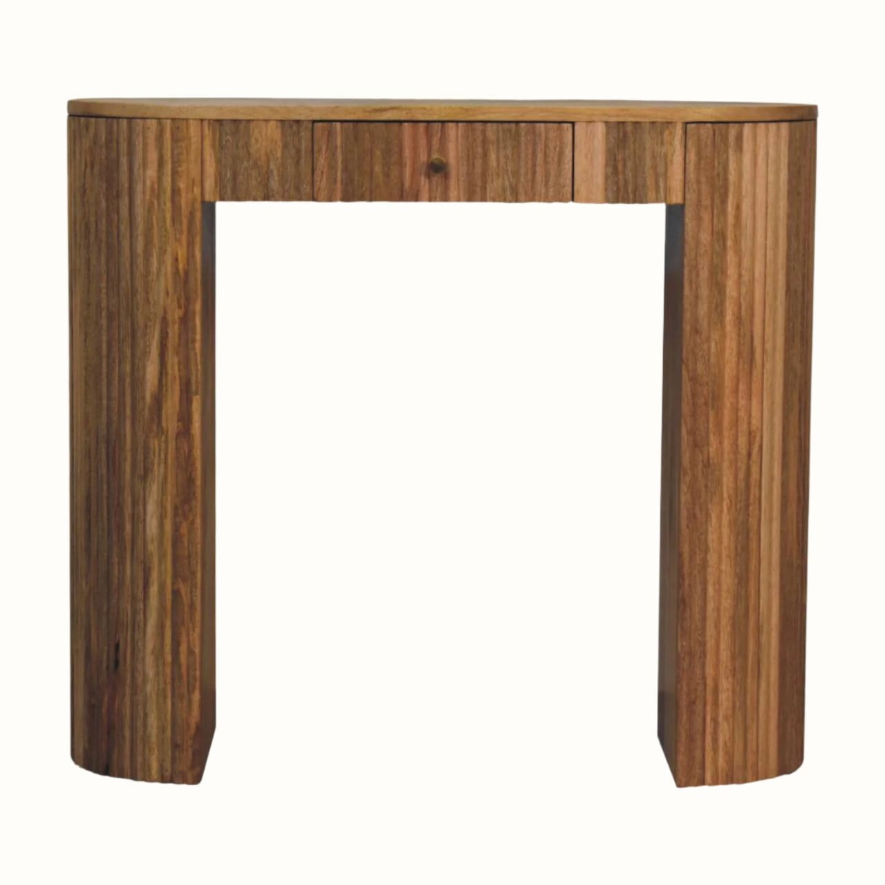 A natural finish Jalla Console Table made from solid mango wood, featuring a grooved design and a storage drawer with a brass knob.