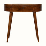 A medium-sized vintage-inspired console table with a chestnut brown finish, featuring a single drawer and tapered legs, displayed against a white background.