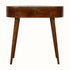 A medium-sized vintage-inspired console table with a chestnut brown finish, featuring a single drawer and tapered legs, displayed against a white background.