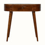 A medium-sized vintage-inspired console table with a chestnut brown finish, featuring a single drawer and tapered legs, displayed against a white background.