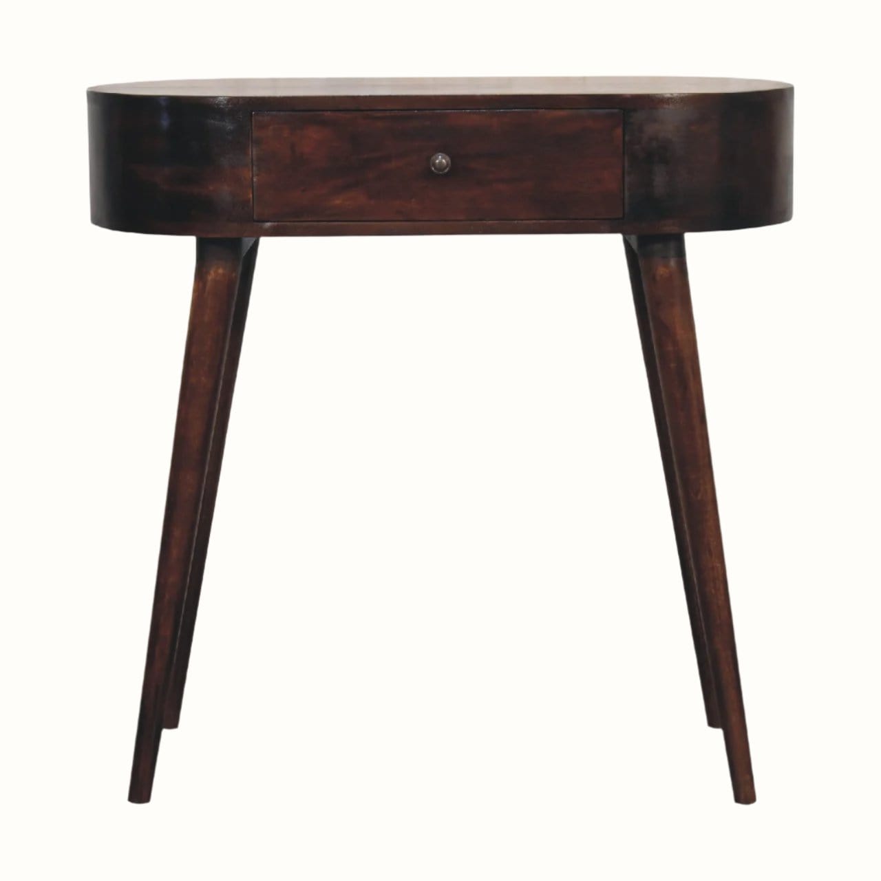 A curved console table with a light walnut finish, featuring a drawer with a brass knob and tapered legs.