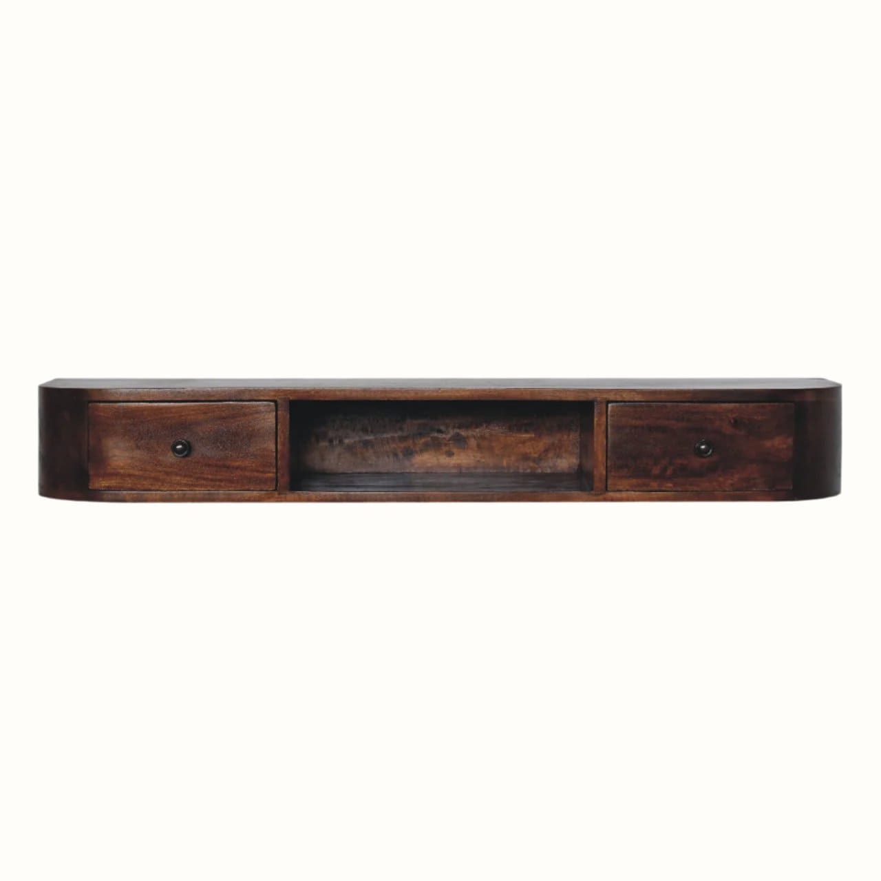 Curved console table, made from chestnut stained mango wood, with 2 storage drawers and a centred open slot compartment.