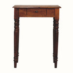 A small Louis Writing Desk with a chestnut stain finish, featuring a single drawer and ornate detailing.