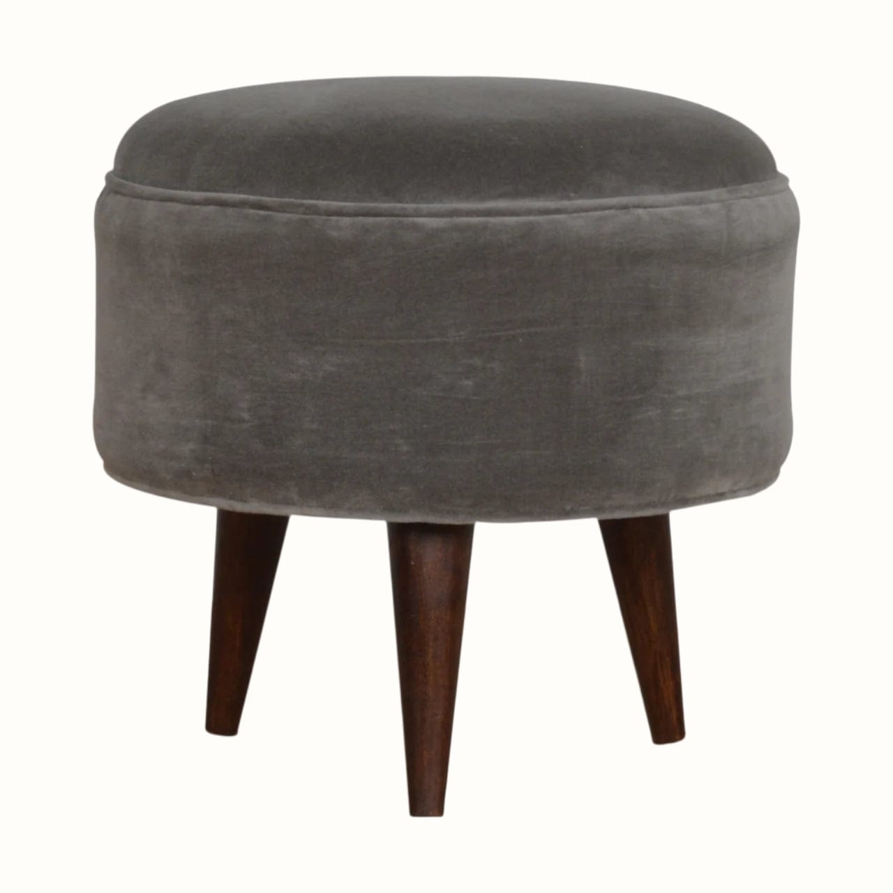 Bokel Home Footstools Button Velvet Footstool - Stone Grey/Walnut